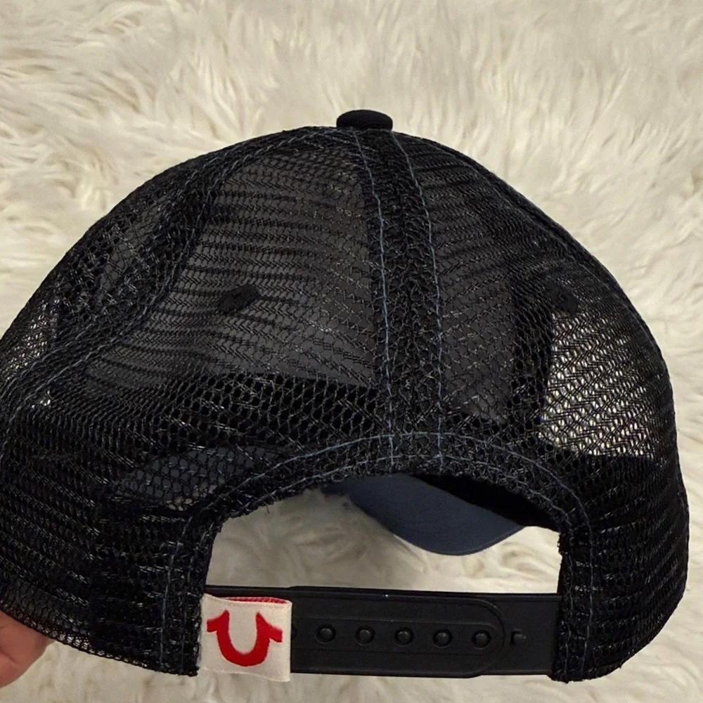 NWT True Religion Blue and Black Logo Trucker Hat